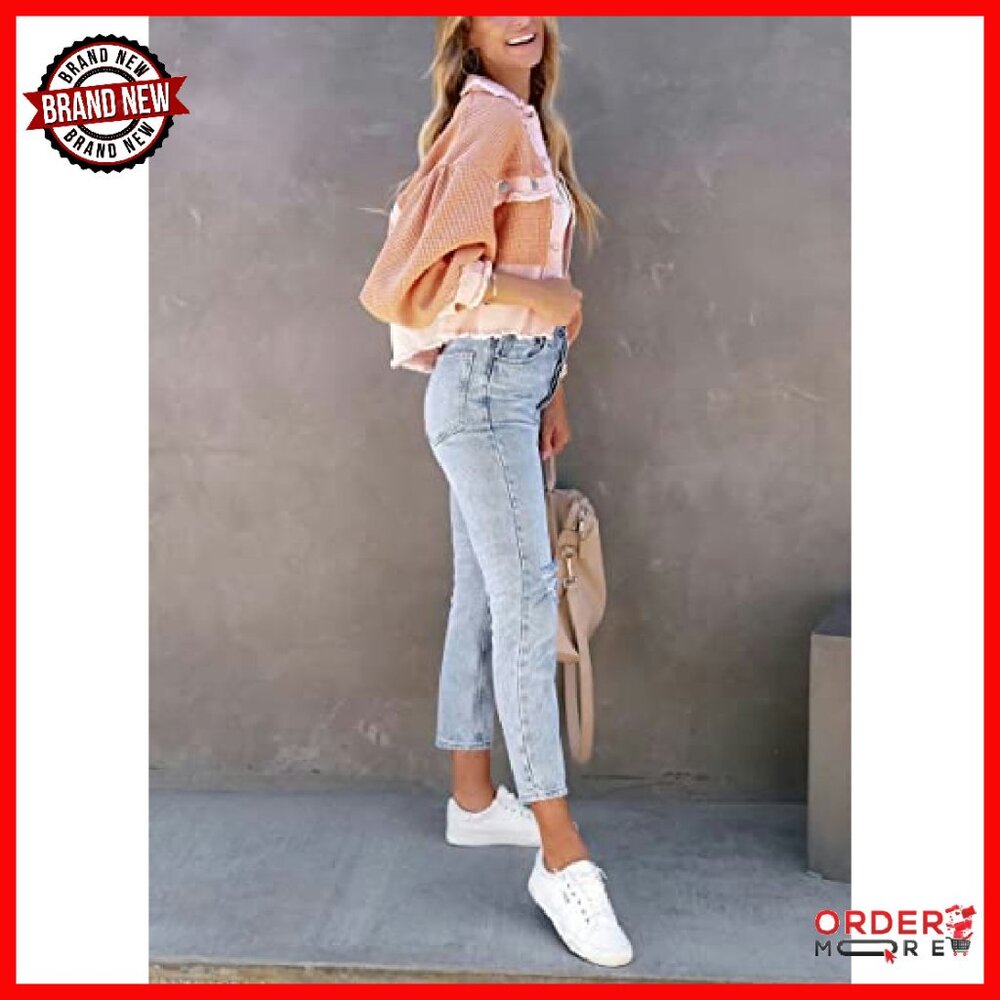 Cropped Waffle Knit Button Down Shacket Women's C… - image 5